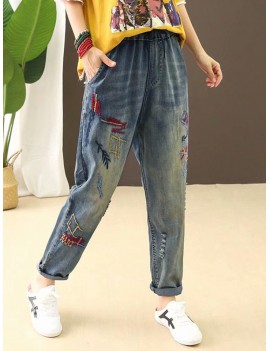 Cartoon Embroidery Loose Harlan Jeans For Women