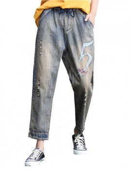 Embroidered Number Casual Loose Harem Jeans