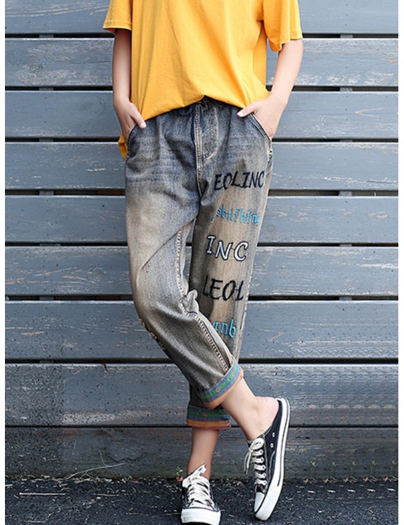 Letters Embroidery Elastic Waist Casual Denim