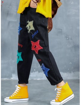 Letter Embroidered Stars Patch Jeans For Women