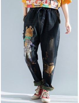 Cartoon Print Casual Ripped Harem Jeans For Women