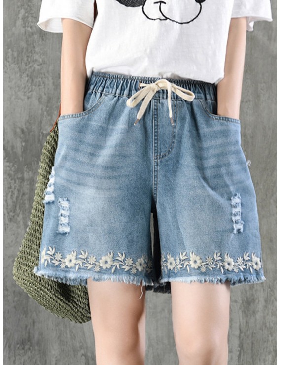 Embroidery Drawstring Ripped Short Jeans