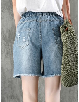 Embroidery Drawstring Ripped Short Jeans