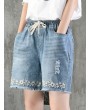 Embroidery Drawstring Ripped Short Jeans