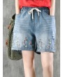 Embroidery Drawstring Ripped Short Jeans