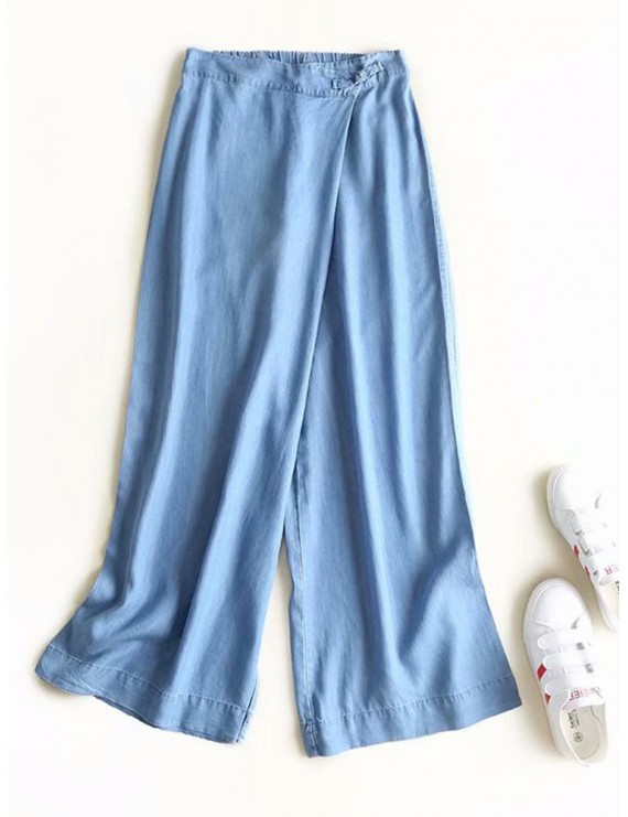 Frog Button Denim Pure Color Elastic Waist Casual Pants