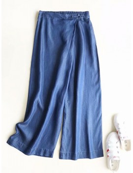 Frog Button Denim Pure Color Elastic Waist Casual Pants