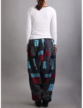 Ethnic Print Patchwork Elastic Waist Women Lantern Pants