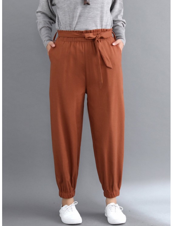 Solid Color Elastic Tie Waist Loose Casual Pants