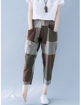 Patchwork Contrast Color Elastic Waist Casual Pants