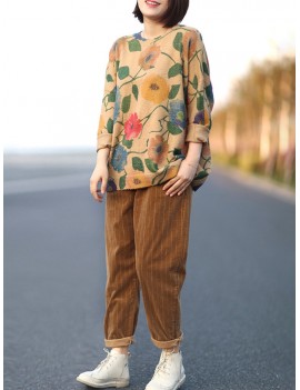 Harem Vertical Striped Solid Color Corduroy Pants