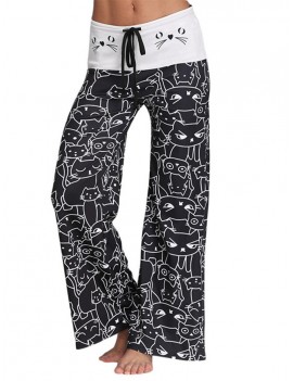 Women Cats Printed Elastic Waist Casual Pants