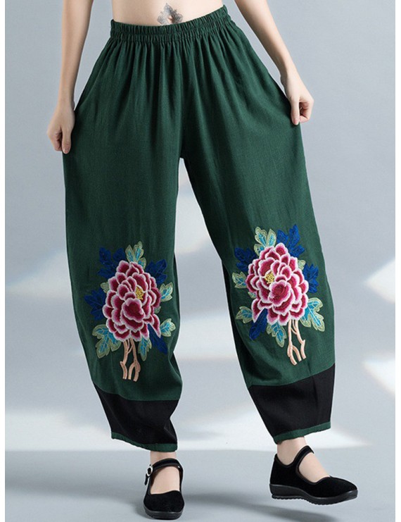 Vintage Embroidery Elastic Waist Women Wide Leg Pants