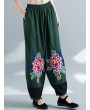 Vintage Embroidery Elastic Waist Women Wide Leg Pants