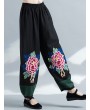 Vintage Embroidery Elastic Waist Women Wide Leg Pants