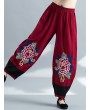 Vintage Embroidery Elastic Waist Women Wide Leg Pants