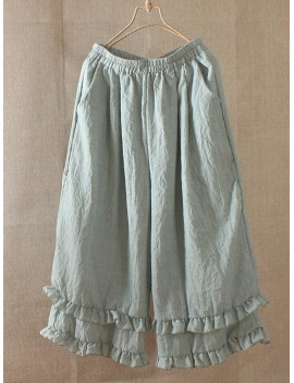 Sweet Solid Color Ruffled Elastic Waist Wide Leg Capris