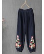 Vintage Embroidery Elastic Waist Frog Button Pants For Women