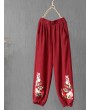 Vintage Embroidery Elastic Waist Frog Button Pants For Women