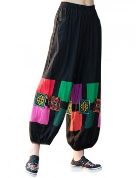 Folk Style Geometric Print Embroidered Patchwork Elastic Women Pants