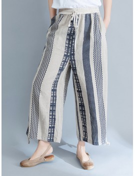 Stripe Plaid Print Wide Leg Drawstring Waist Casual Pants