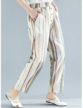 Striped Elastic Waist with Pockets Harem Pants