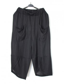 Asymmetrical Solid Color Cotton Loose Black Capris