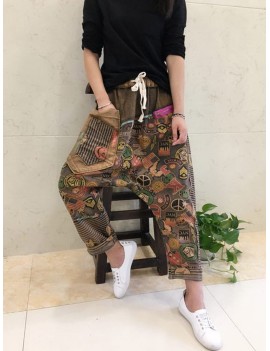 Baggy Vintage Ethnic Print Drop Crotch Spliced Pants