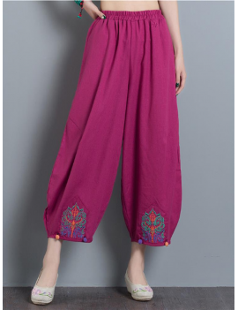 Vintage Embroidery Casual Loose Women Wide Leg Pants