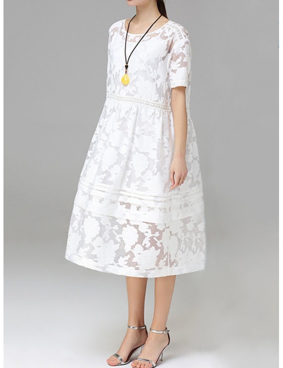 Women Jacquard O-Neck Short Sleeve Billowing Two-Piece Dresses