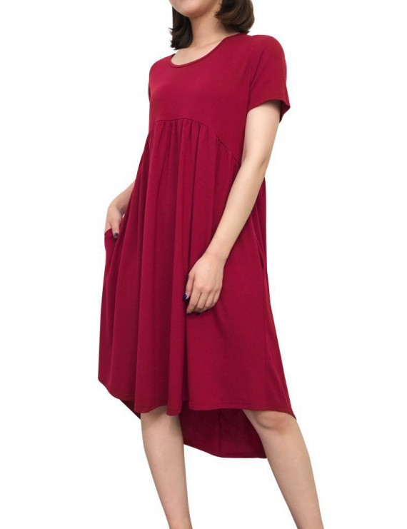 Pure Color Pleated Irregular Short Sleeve O-neck Casual Dresses