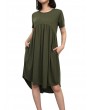 Pure Color Pleated Irregular Short Sleeve O-neck Casual Dresses