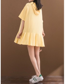 Solid Pleated Loose Hooded Half Sleeve Women Casual Dresses