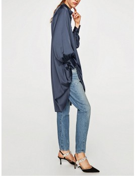 Long Sleeve Dark Blue Asymmetrical Casual Shirt Dresses