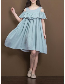 Women Casual Solid Color Ruffled Off Shoulder Dresses