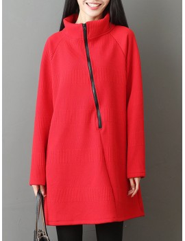 Casual Women Solid Color Turtleneck Zipper Long Sleeve Dresses