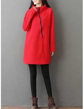 Casual Women Solid Color Turtleneck Zipper Long Sleeve Dresses