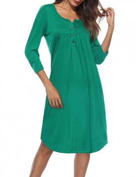 Button Fly O-neck Pleated Casual Dresses