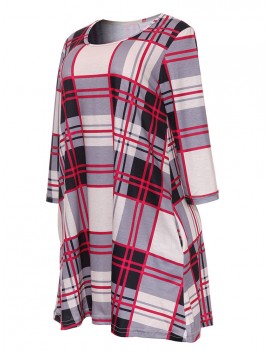 Plaid Women O-neck Long Sleeve Pockets Mini Dresses