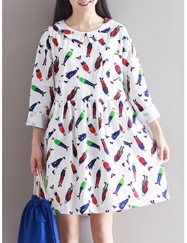 Casual Printed Women Long Sleeve Laple Drawstring Dresses