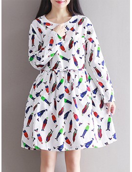 Casual Printed Women Long Sleeve Laple Drawstring Dresses