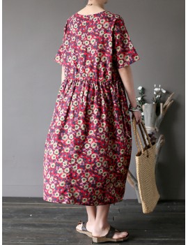 Vintage Casual Women Short Sleeve Floral Print Dresses