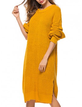 Casual Pure Color Side Splited Long Sleeve Women Sweater Dresses