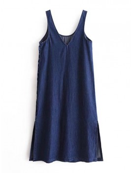 Denim Pure Color Side Buttons Splited Sleeveless Casual Dresses