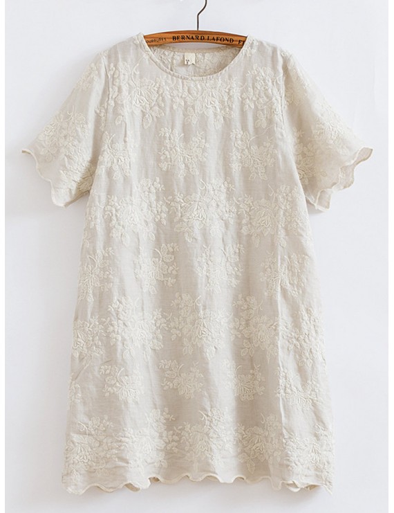 Short Sleeve O-Neck Embroidery Wave Edge Casual Dresses