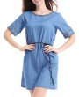 Casual Denim Patchwork O-neck Short Sleeve Mini Dress For Women