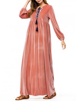 Islam Muslim Velvet Embroidery Pink Long Sleeve Dress