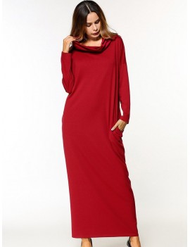 Casual Pure Color Turtleneck Long Sleeve Pockets Women Dresses