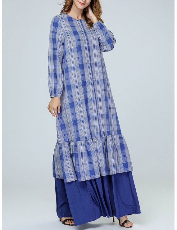 Loose Plaid Ruffle Blue Long Sleeve Dress