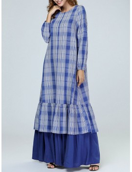 Loose Plaid Ruffle Blue Long Sleeve Dress